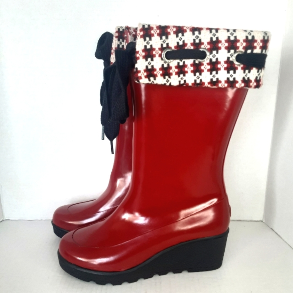 NWOT SPERRY Cherry Red Rubber Knee High Wedge Boots Textile Trim